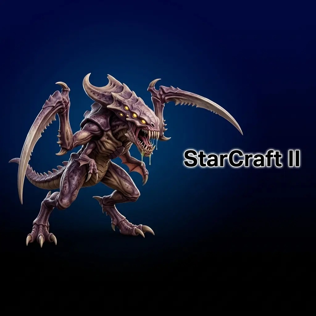 Jugadores de StarCraft II compitiendo en torneo de estrategia en tiempo real con ejércitos y bases en pantalla